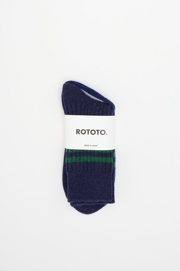 Merino Lambs Wool Stripe Socks Navy Blue/Green